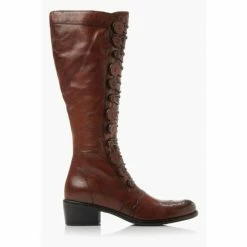 Dune London Tan Brown Pixie D Button Detail Leather Knee High Boots