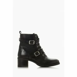 Dune London Black Paxtone Buckle Detail Heeled Hiker Boots