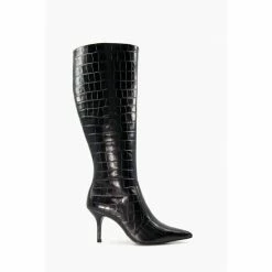 Dune London Spritz Heeled Pointed Croc Effect Black Boots