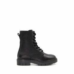 Dune London Girls Leather Tracker Sole Lace Up Biker Black Boots