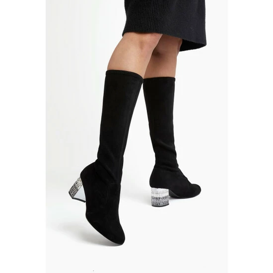 Dune London Black Stargazer Jewel Heel Stretch High Boots 7 Dune London Black Stargazer Jewel Heel Stretch High Boots - Image 5