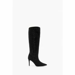 Dune London Black Sparkly Hotfix Highleg Point Boots