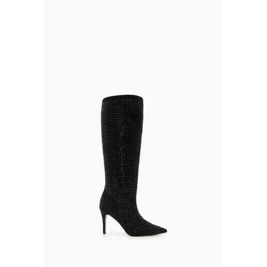 Dune London Black Sparkly Hotfix Highleg Point Boots 3 Dune London Black Sparkly Hotfix Highleg Point Boots
