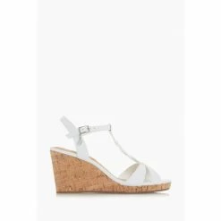 Dune London White Metalic Koala Plait T-Bar Strap Cork Wedge Heel Sandals