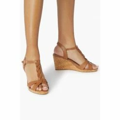Dune London Tan Brown Koala Leather Plait T-Bar Strap Cork Wedge Heeled Sandals -Dune London Sales unnamed file 3007