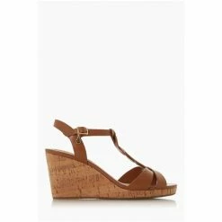 Dune London Tan Brown Koala Leather Plait T-Bar Strap Cork Wedge Heeled Sandals -Dune London Sales unnamed file 3008