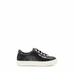 Dune London Girls Leather Pearl-Embellished And Croc-Trim Trainers