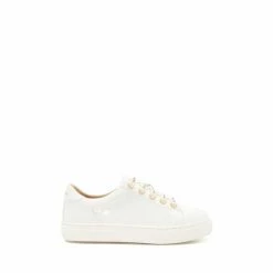 Dune London Girls Leather Pearl Embellished And Croc Trim White Trainers