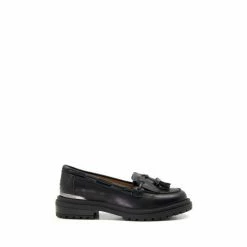 Dune London Girls Leather Fringe And Tassel Trimmed Black Loafers