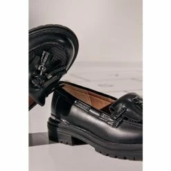 Dune London Girls Leather Fringe And Tassel Trimmed Black Loafers -Dune London Sales unnamed file 731